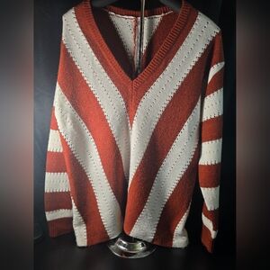 Striped V-Neck Sweater - Brunt Orange and White Womens Size Med / Large